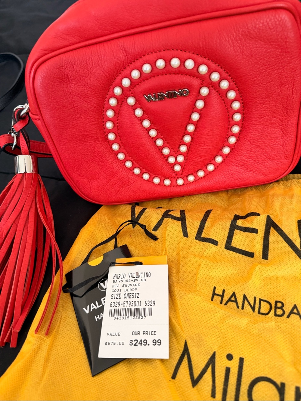 Valentino Red Leather Crossbody with Pearl V Logo and Tassel